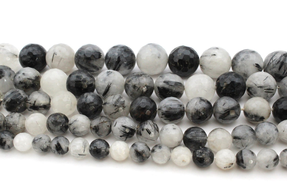 Black Rutilated Round Faceted Gemstone Beads 16" Strand