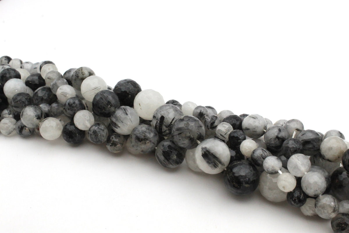 Black Rutilated Round Faceted Gemstone Beads 16" Strand