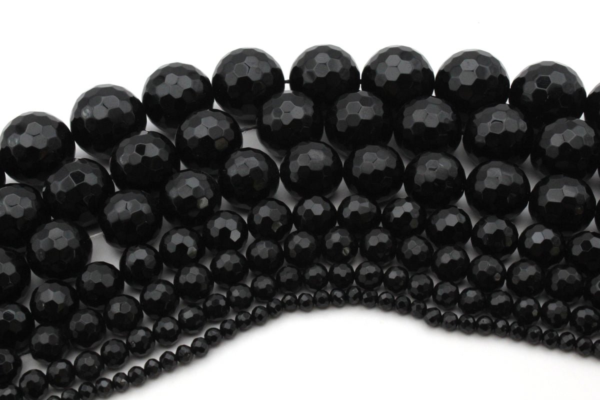 Black Onyx Round Faceted Gemstone Beads 16" Strand