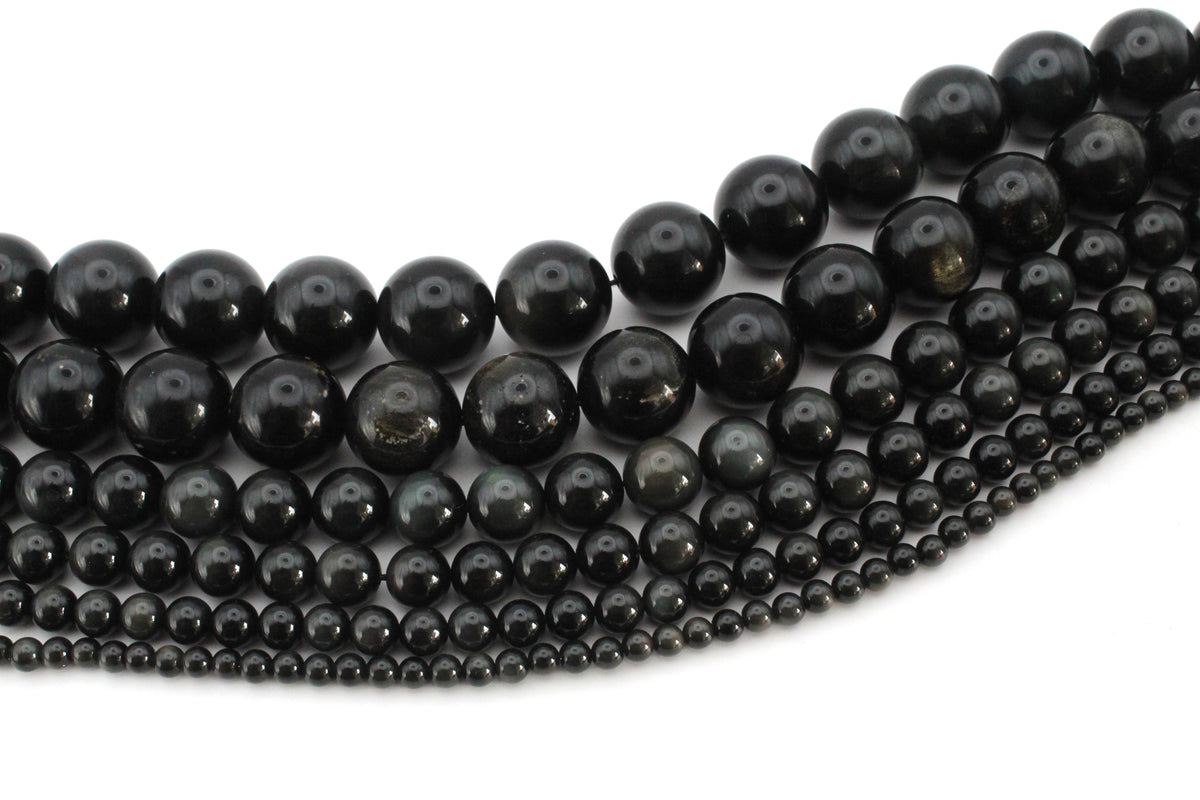 Natural Black Obsidian Round Smooth Gemstone Beads 16" Strand