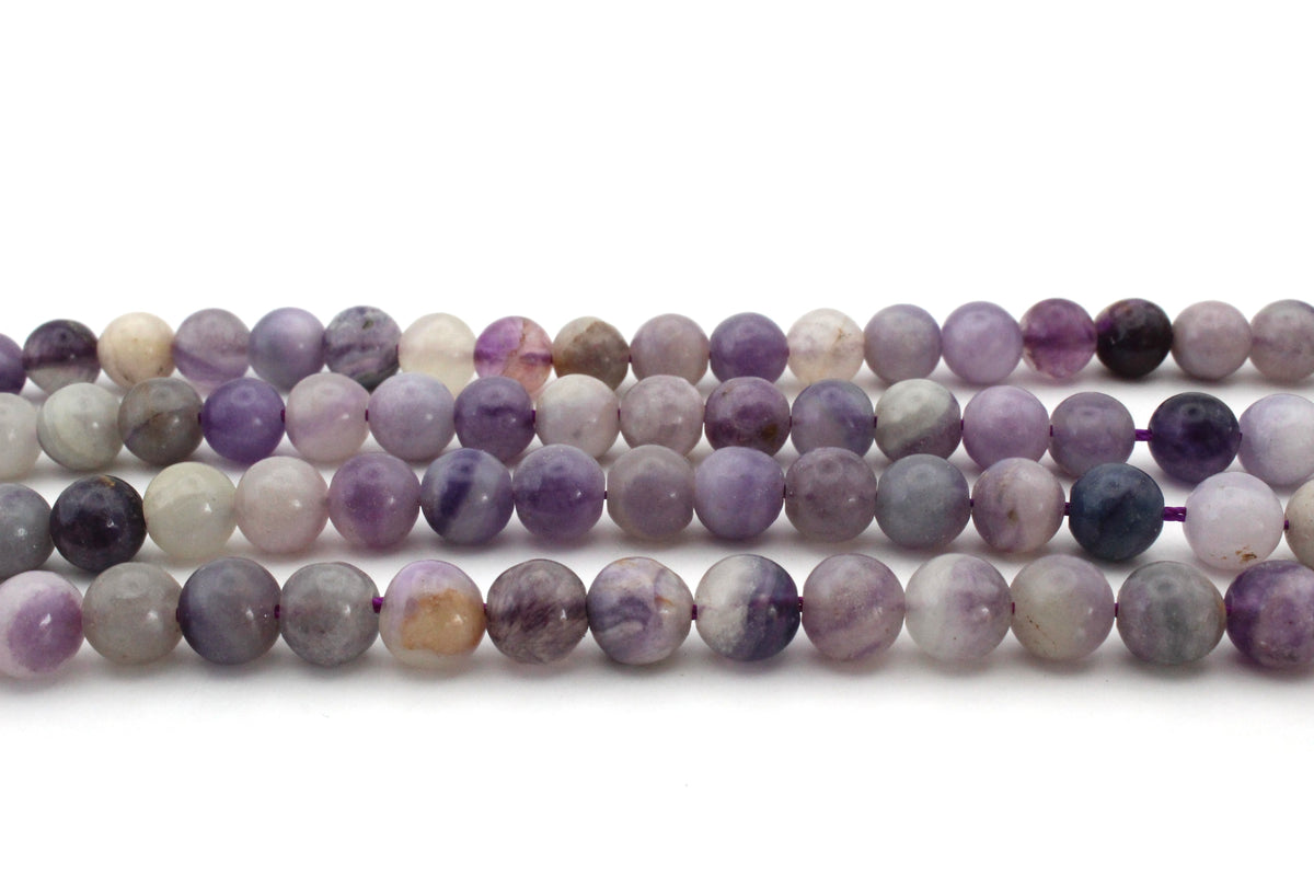 Purple Flower Flourite Round Gemstone Beads 16" Strand