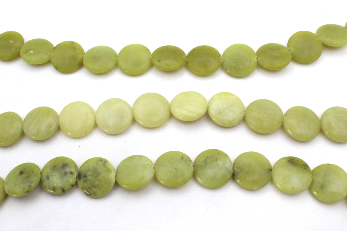 Olive Jade Coin Gemstone Beads 16" Strand