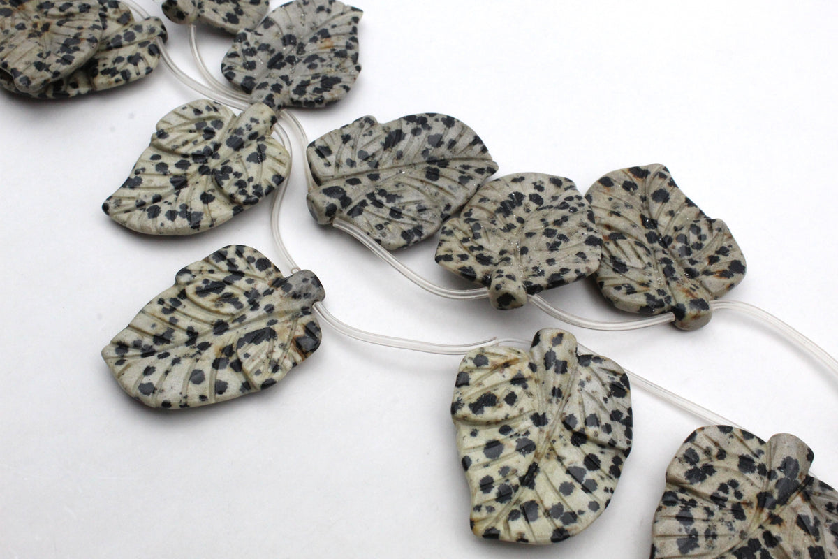 Dalmantian Jasper Leaf Side Hole 29 x 40 mm Gemstone Beads 16" Strand