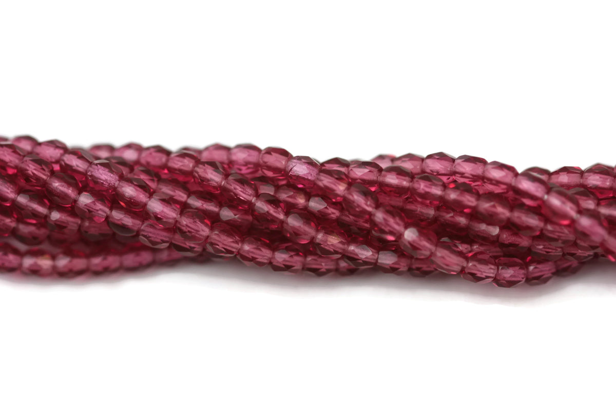 Wine Pink Fire Polished Czech Glass Faceted Oval Beads 3 mm