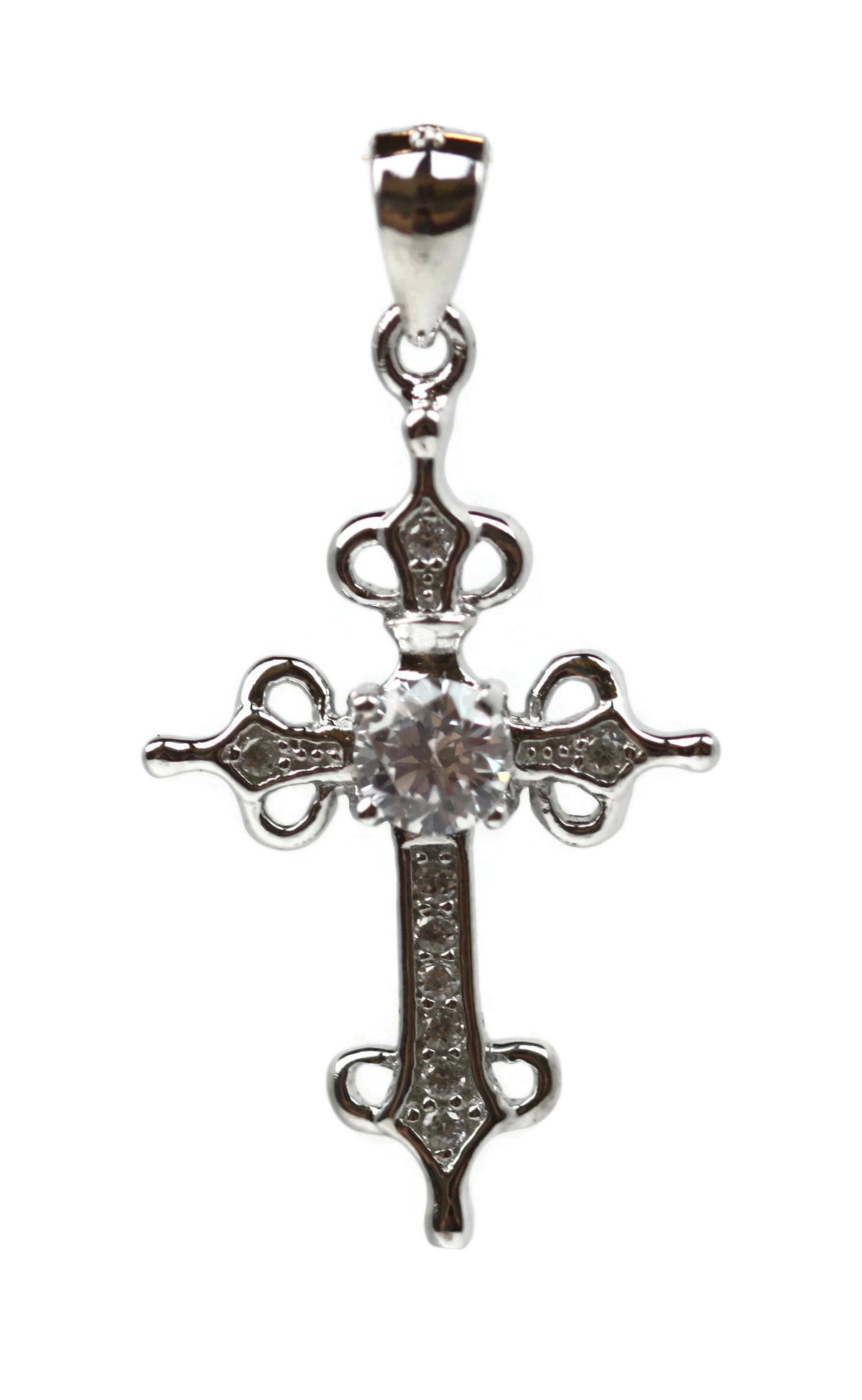 Rhodium Plated Sterling Silver Cubic Zirconia Cross Pendant
