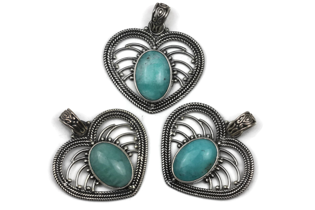 Handmade 925 Sterling Silver Amazonite Gemstone In Antique Heart Pendant