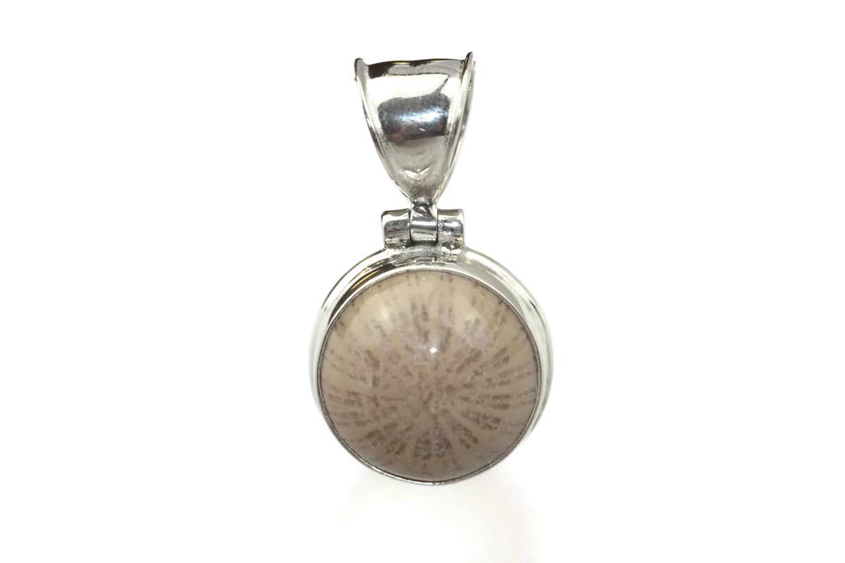 Handmade Sterling Silver Round Petrified Coral Pendant.