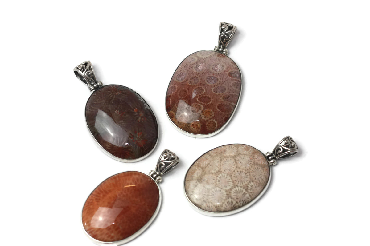 Handmade Sterling Silver Petrified Coral Oval Pendant.