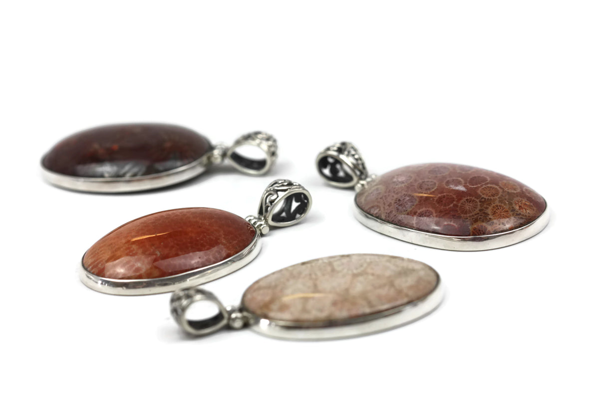 Handmade Sterling Silver Petrified Coral Oval Pendant.