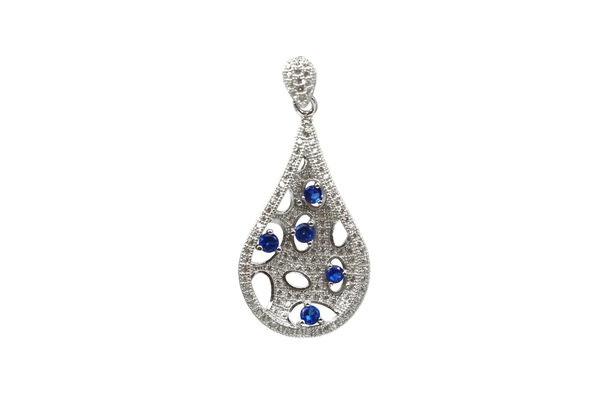 Rhodium Plated Sterling Silver Blue Cubic Zirconia Teardrop Pendant