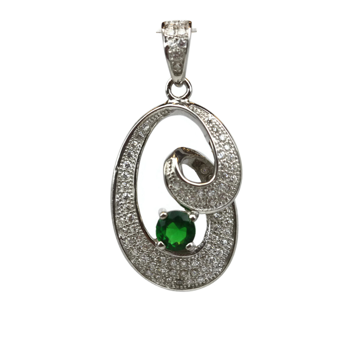Rhodium Plated Sterling Silver Green Cubic Zirconia Pendant