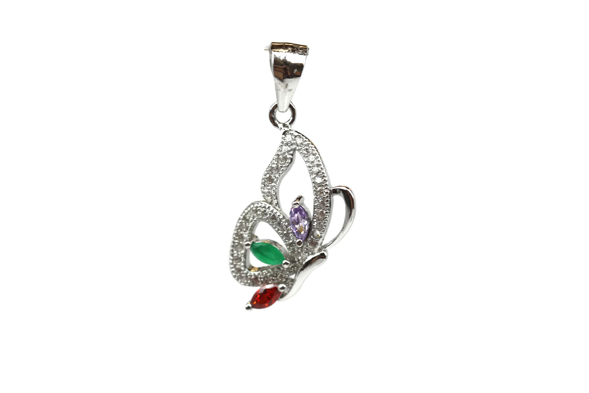 Rhodium Plated Sterling Silver Multicolored Cubic Zirconia Butterfly Pendant