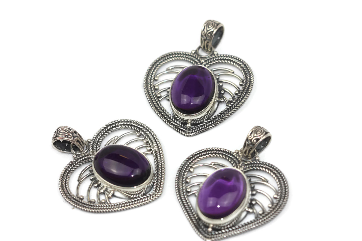 Handmade Sterling Silver Oval Amethyst Heart Pendant with Decorative Bail.