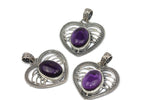 Handmade Sterling Silver Oval Amethyst Heart Pendant with Decorative Bail.