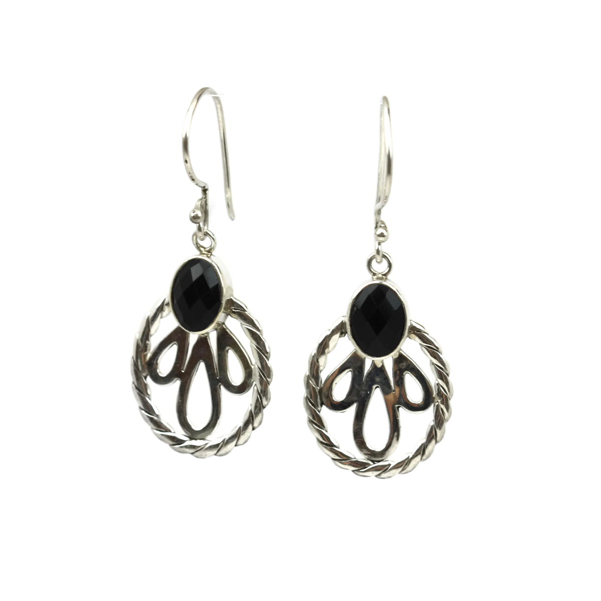 Handmade 925 Sterling Silver Black Onyx Gemstone Decorative Oval Earrings