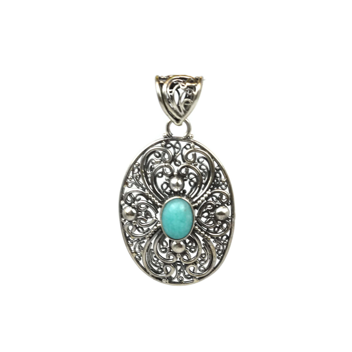 Handmade 925 Sterling Silver Antique Decorative Pendant With Oval Smooth Amazonite Gemstone.