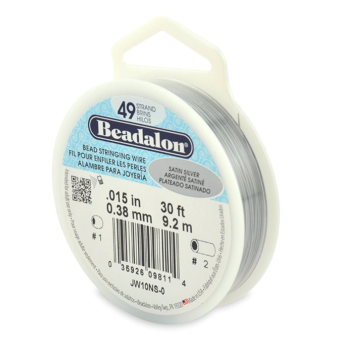 49 Strand Stainless Steel Bead Stringing Wire, .015 in (0.38 mm), Satin Silver, 30 ft (9.2 m)