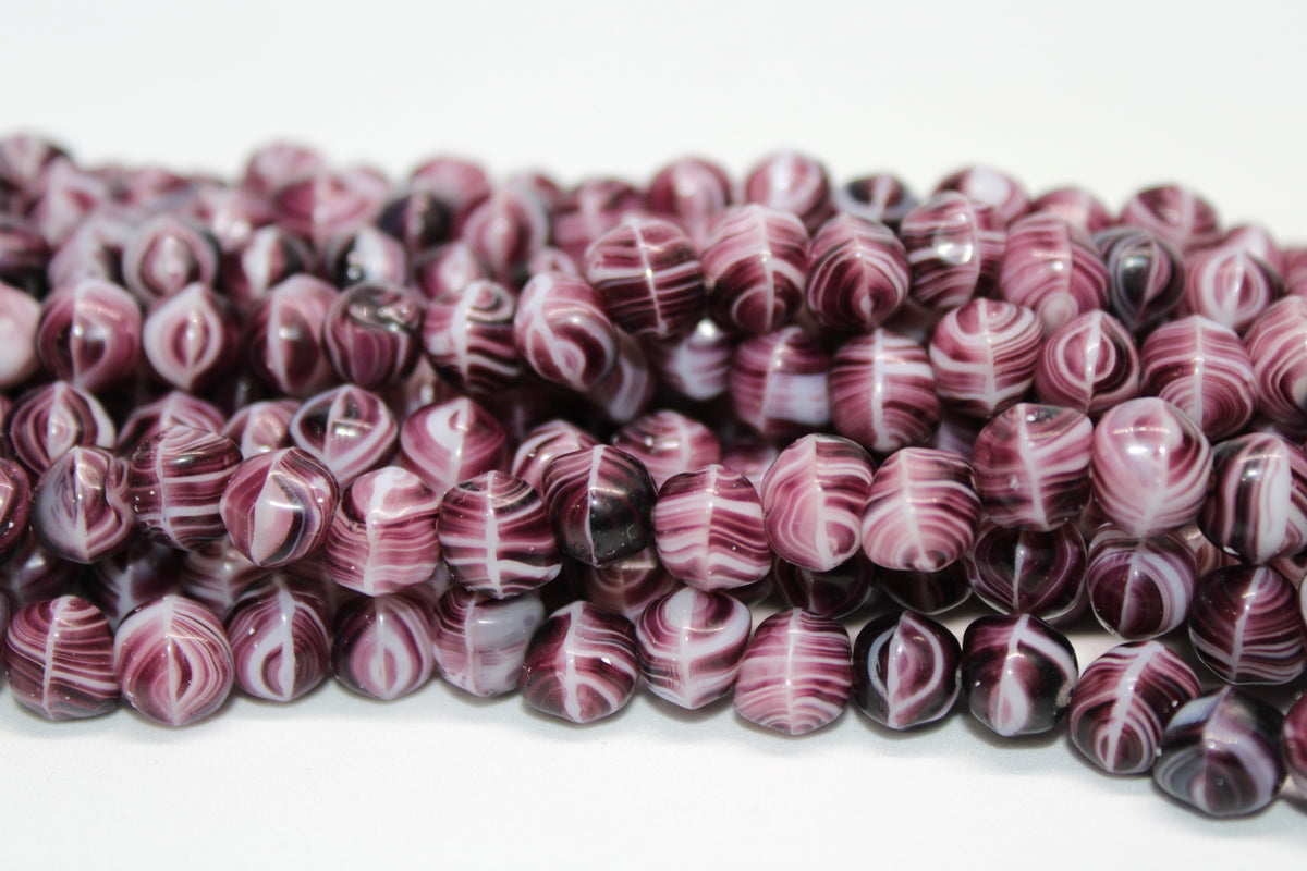 Purple with White Details Czech Glass 8mm, 6 inches Strand