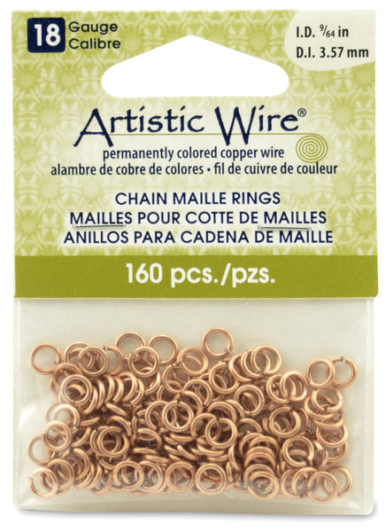 18 Gauge Artistic Wire, Chain Maille Rings, Round, Natural, 9/64 in (3.57 mm),160 pc