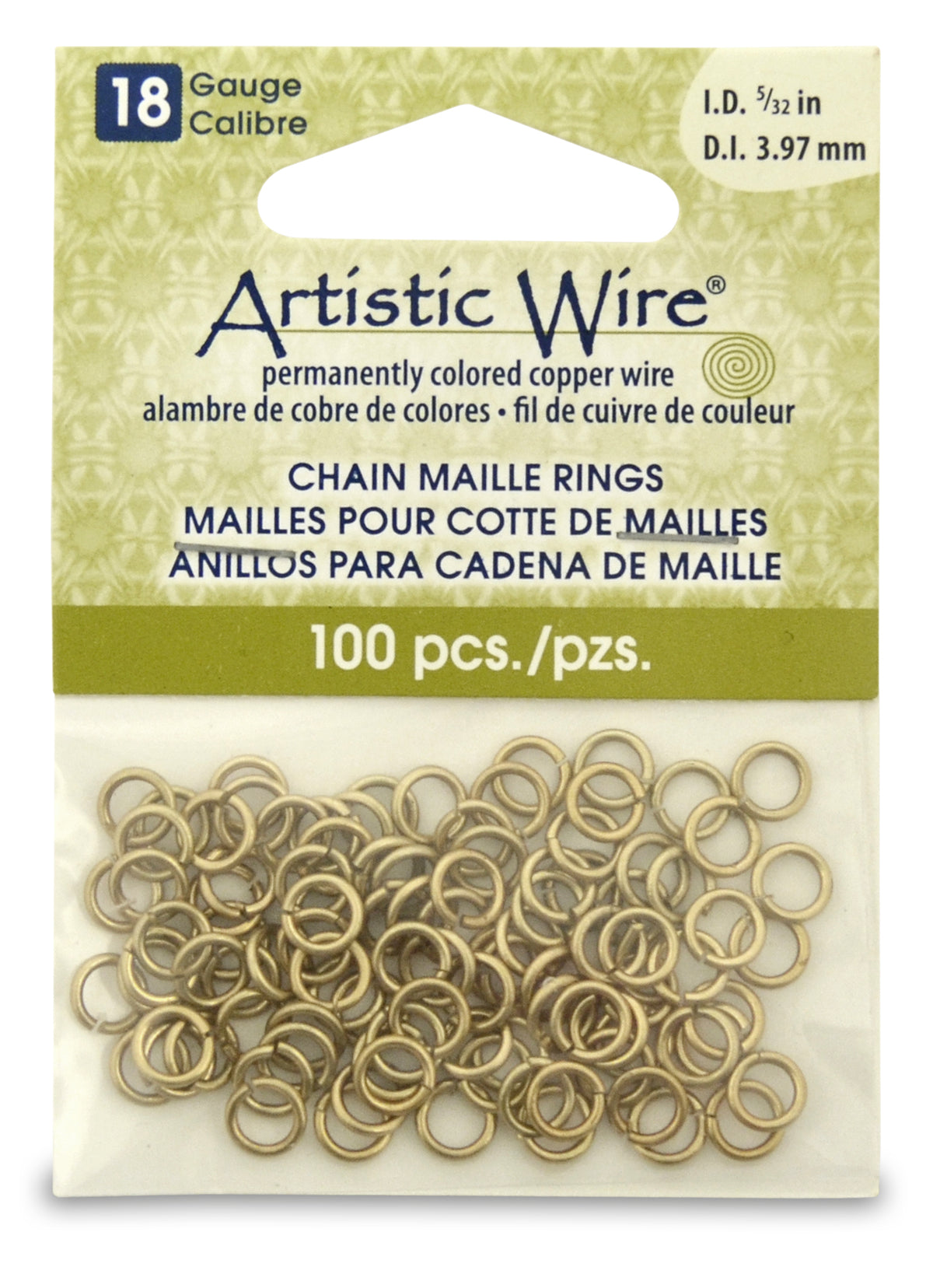 18 Gauge Artistic Wire, Chain Maille Rings, Round, Tarnish Resistant Brass, 5/32 in (3.97 mm), 100 pc