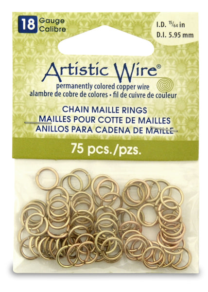 18 Gauge Artistic Wire, Chain Maille Rings, Round, Tarnish Resistant Brass, 15/64 in (5.95 mm), 75 pc