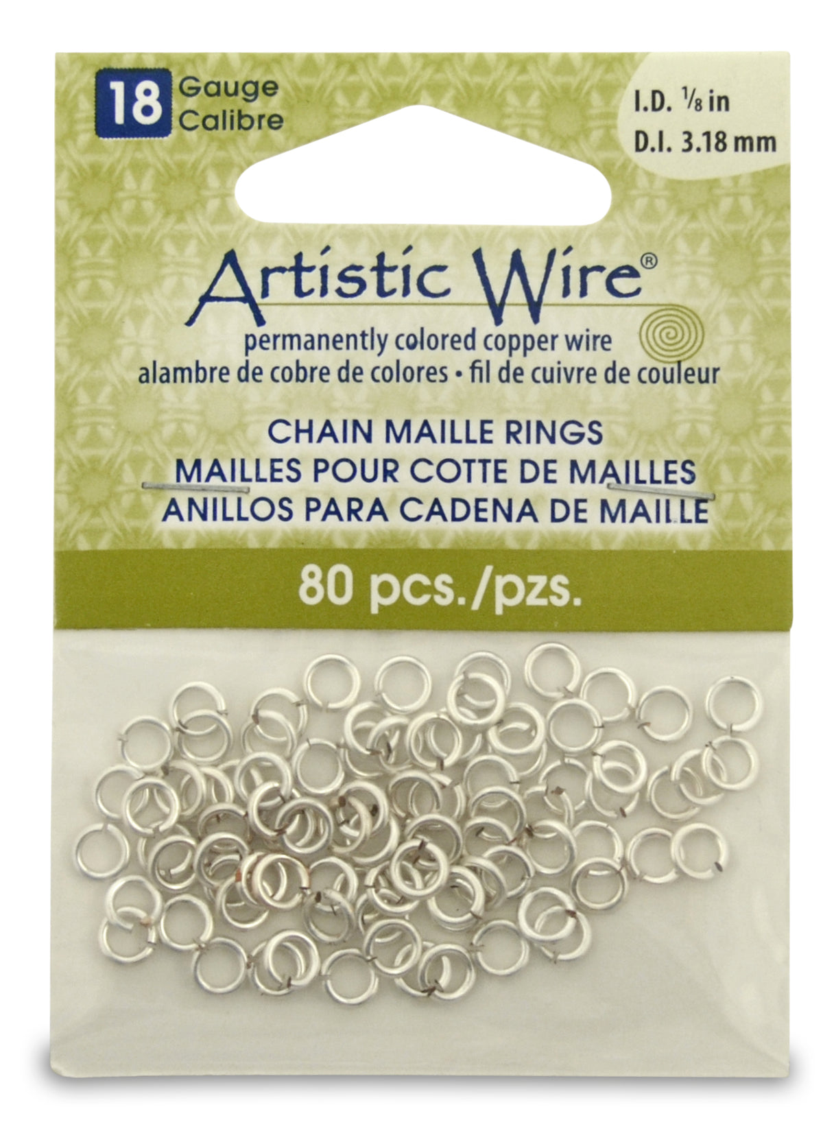 18 Gauge Artistic Wire, Chain Maille Rings, Round, Tarnish Resistant Silver, 1/8 in (3.18 mm), 80 pc