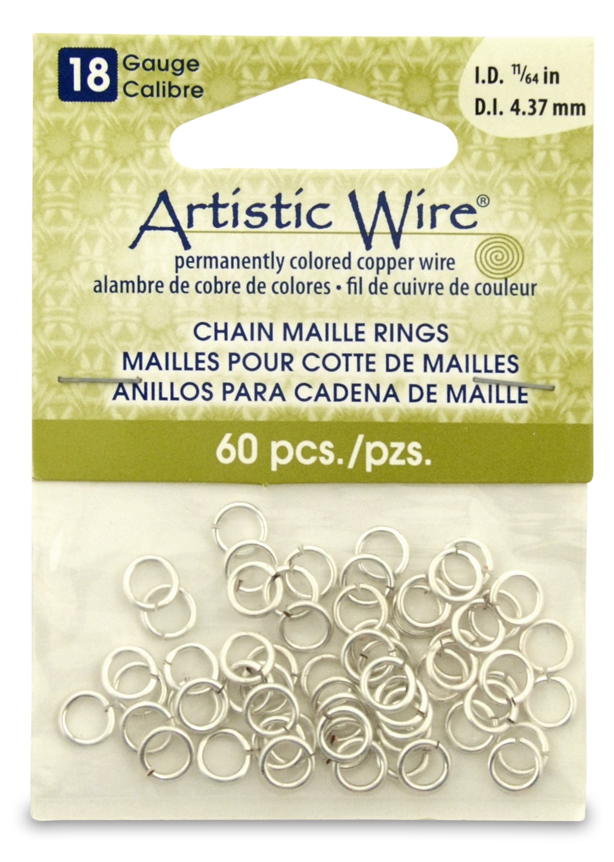18 Gauge Artistic Wire, Chain Maille Rings, Round, Tarnish Resistant Silver, 11/64 in (4.37 mm), 60 pc