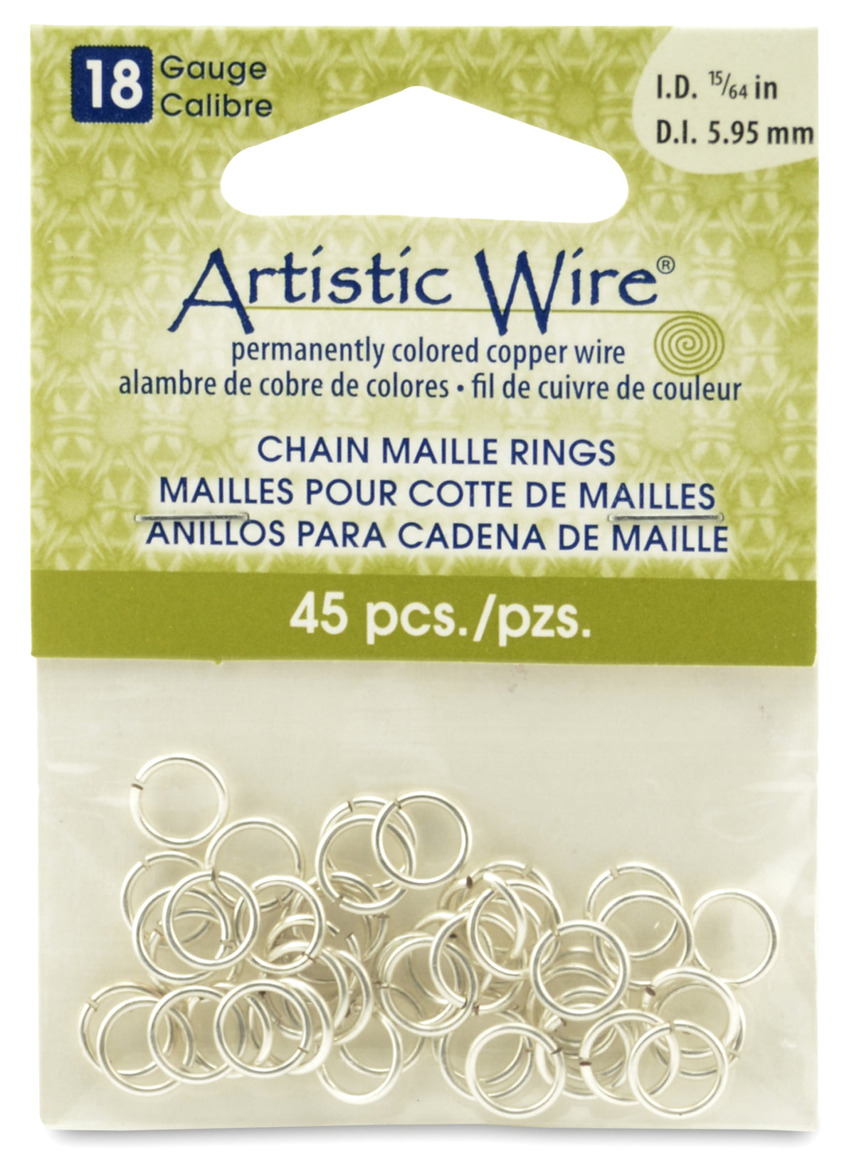 18 Gauge Artistic Wire, Chain Maille Rings, Round, Tarnish Resistant Silver, 15/64 in (5.95 mm), 45 pc