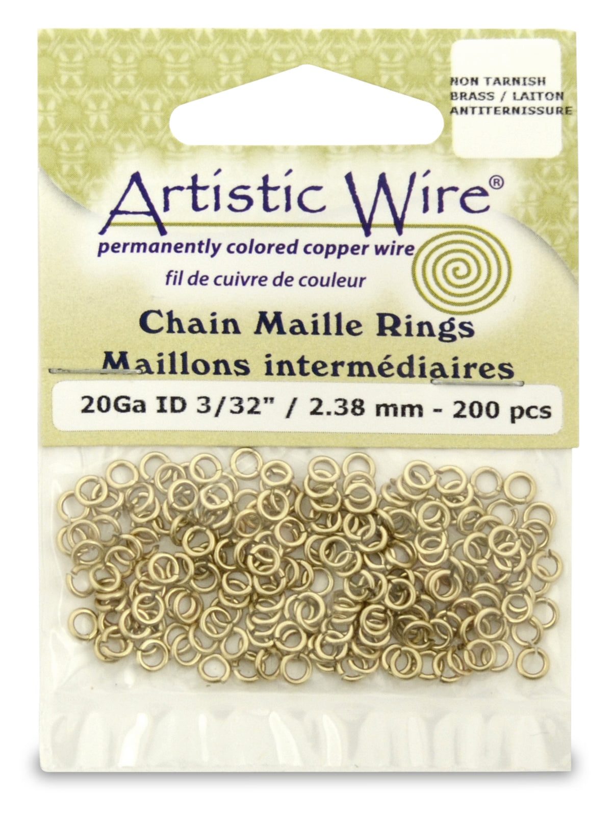 20 Gauge Artistic Wire, Chain Maille Rings, Round, Tarnish Resistant Brass, 3/32 in (2.38 mm), 200 pc