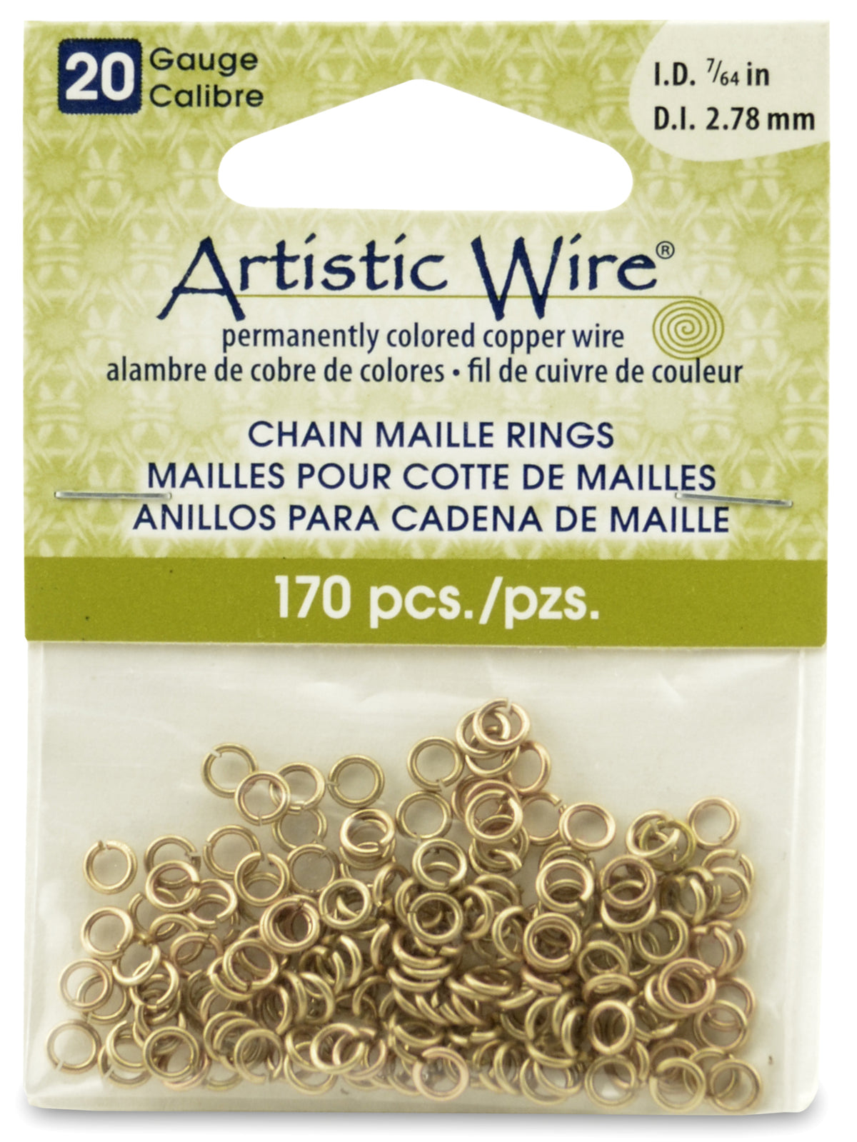 20 Gauge Artistic Wire, Chain Maille Rings, Round, Tarnish Resistant Brass, 7/64 in (2.78 mm), 170 pc
