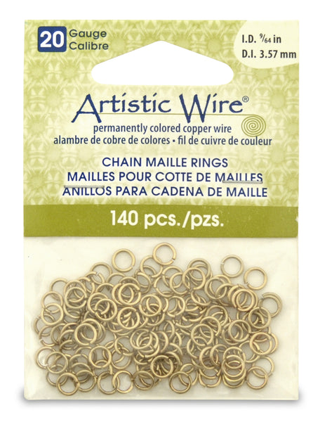 20 Gauge Artistic Wire, Chain Maille Rings, Round, Tarnish Resistant Brass, 9/64 in (3.57 mm), 140 pc