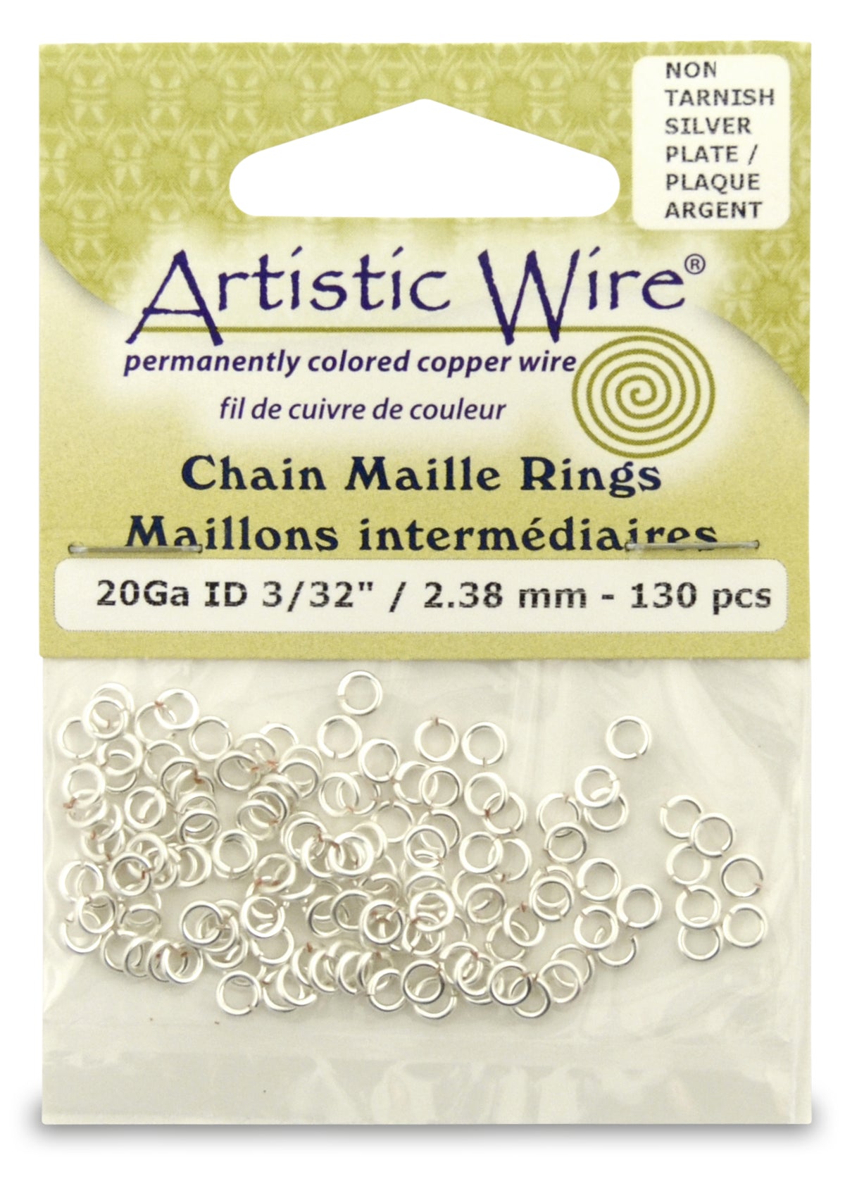 20 Gauge Artistic Wire, Chain Maille Rings, Round, Tarnish Resistant Silver, 3/32 in (2.38 mm), 130 pc
