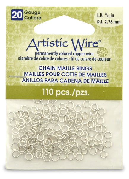 20 Gauge Artistic Wire, Chain Maille Rings, Round, Tarnish Resistant Silver, 7/64 in (2.78 mm), 110 pc