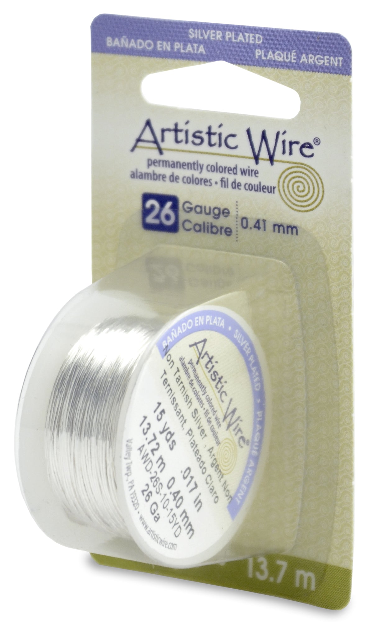 Artistic Wire, 26 Gauge (.41mm), Silver Plated, Tarnish Resistant Silver, 15 yd (13.7 m)
