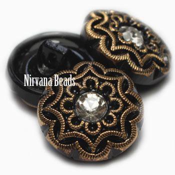 13mm Rhinestone Button Black with Gold Accents