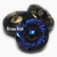 13mm Button Black with a Metallic Sapphire and Purple Pansy