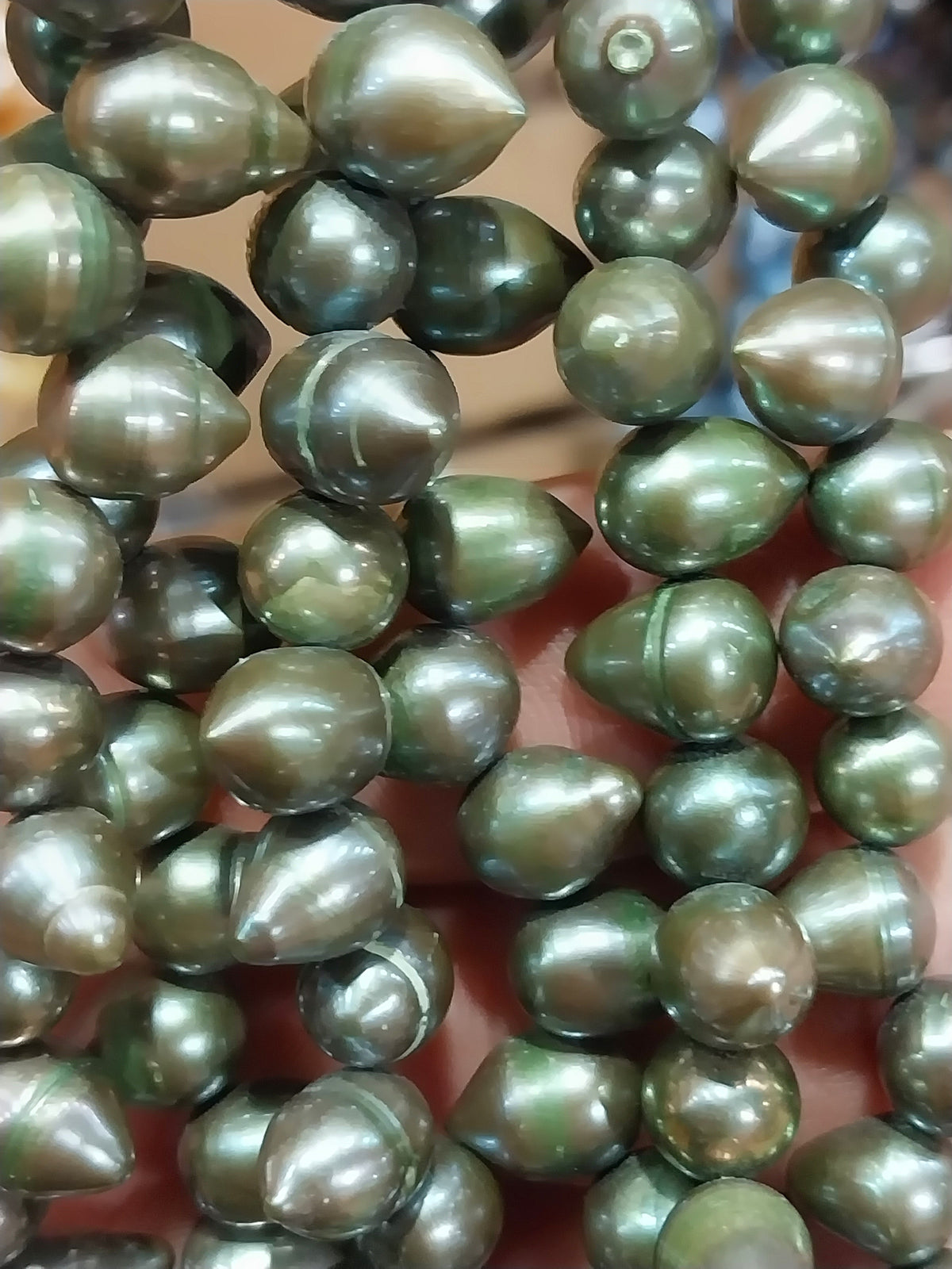 Freshwater Pearls green with brown detail