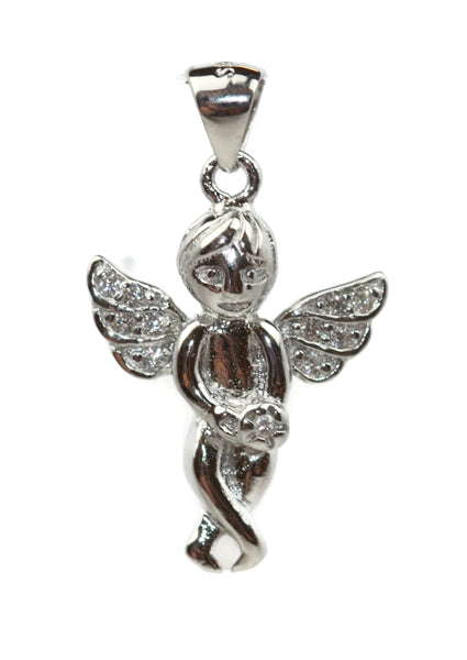Rhodium Plated Sterling Silver Cubic Zirconia Angel Pendant 21 x 15mm
