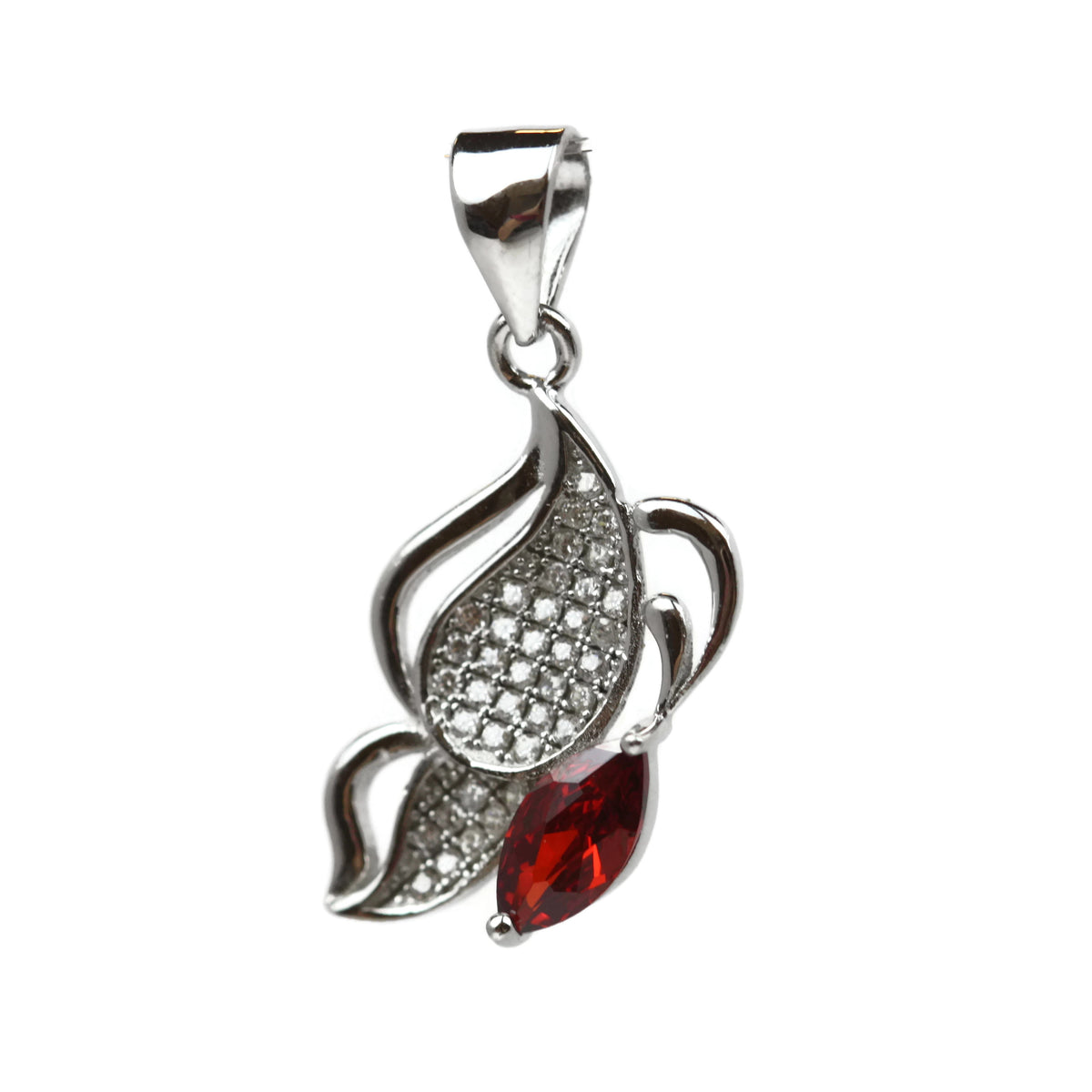 Rhodium Plated Sterling Silver Red Cubic Zirconia Teardrop Pendant 21 x 12 mm