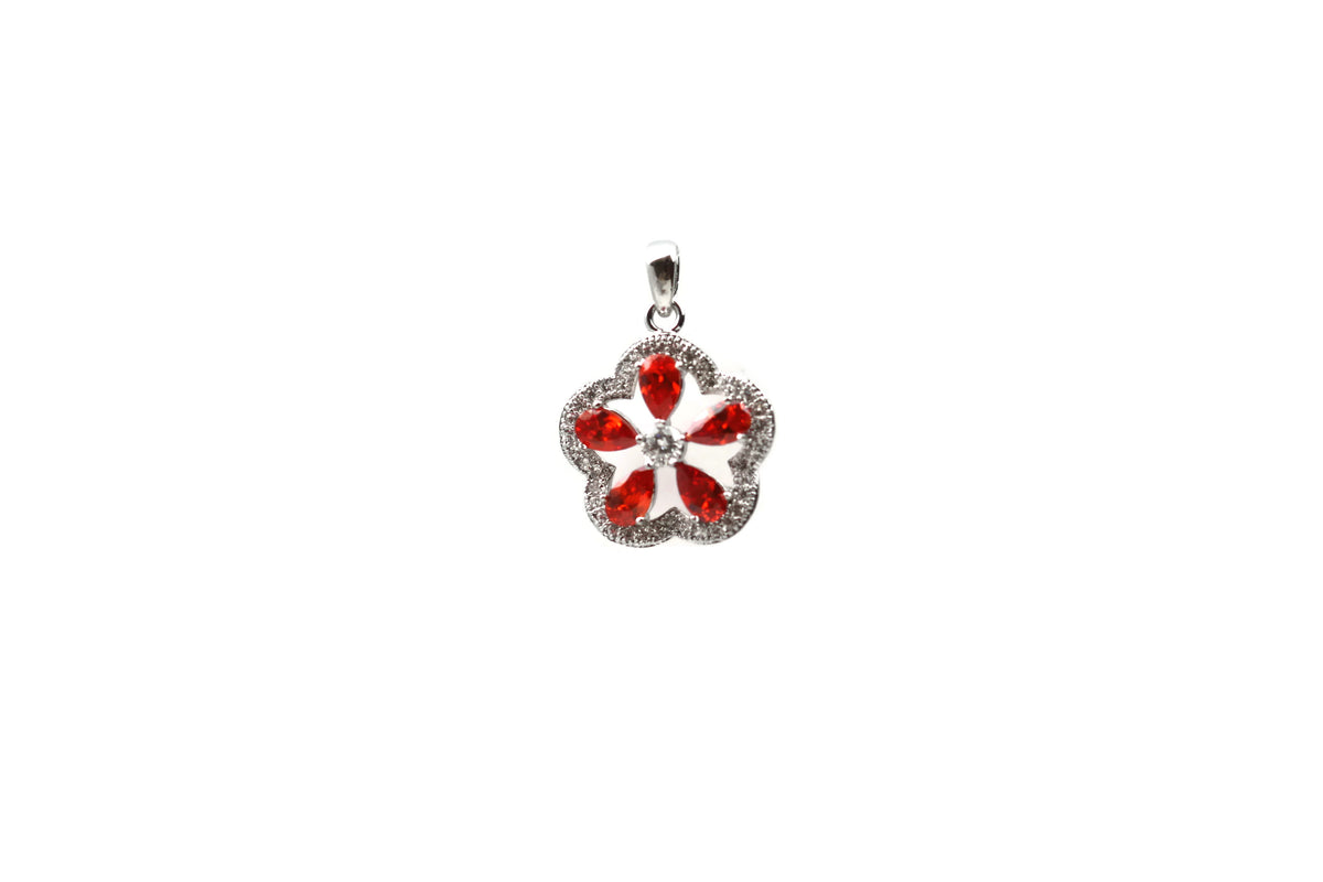 Rhodium Plated Sterling Silver Cubic Zirconia Red Floral Pendant 18.5 x 16mm