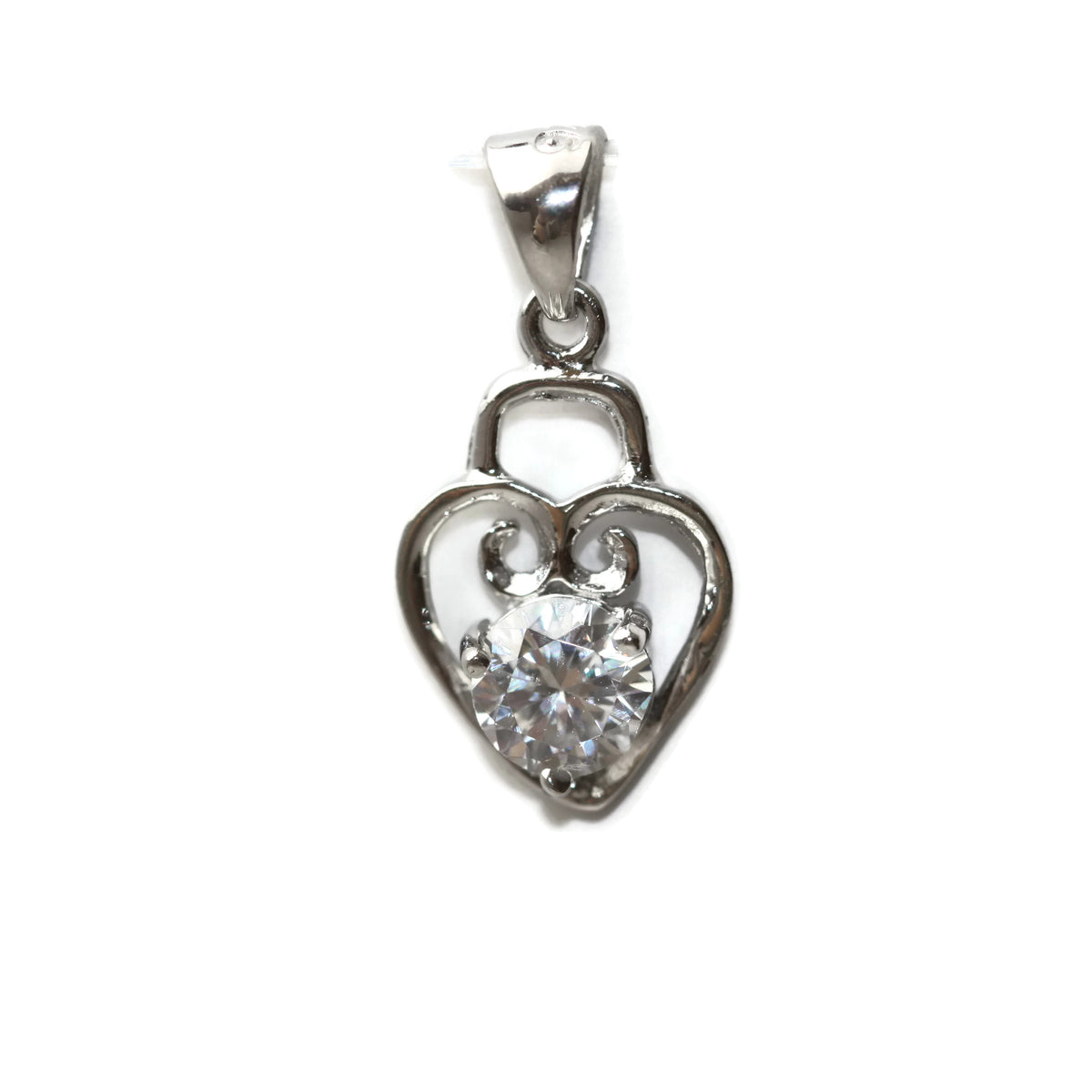Rhodium Plated Sterling Silver Cubic Zirconia Heart Pendant 15 mm