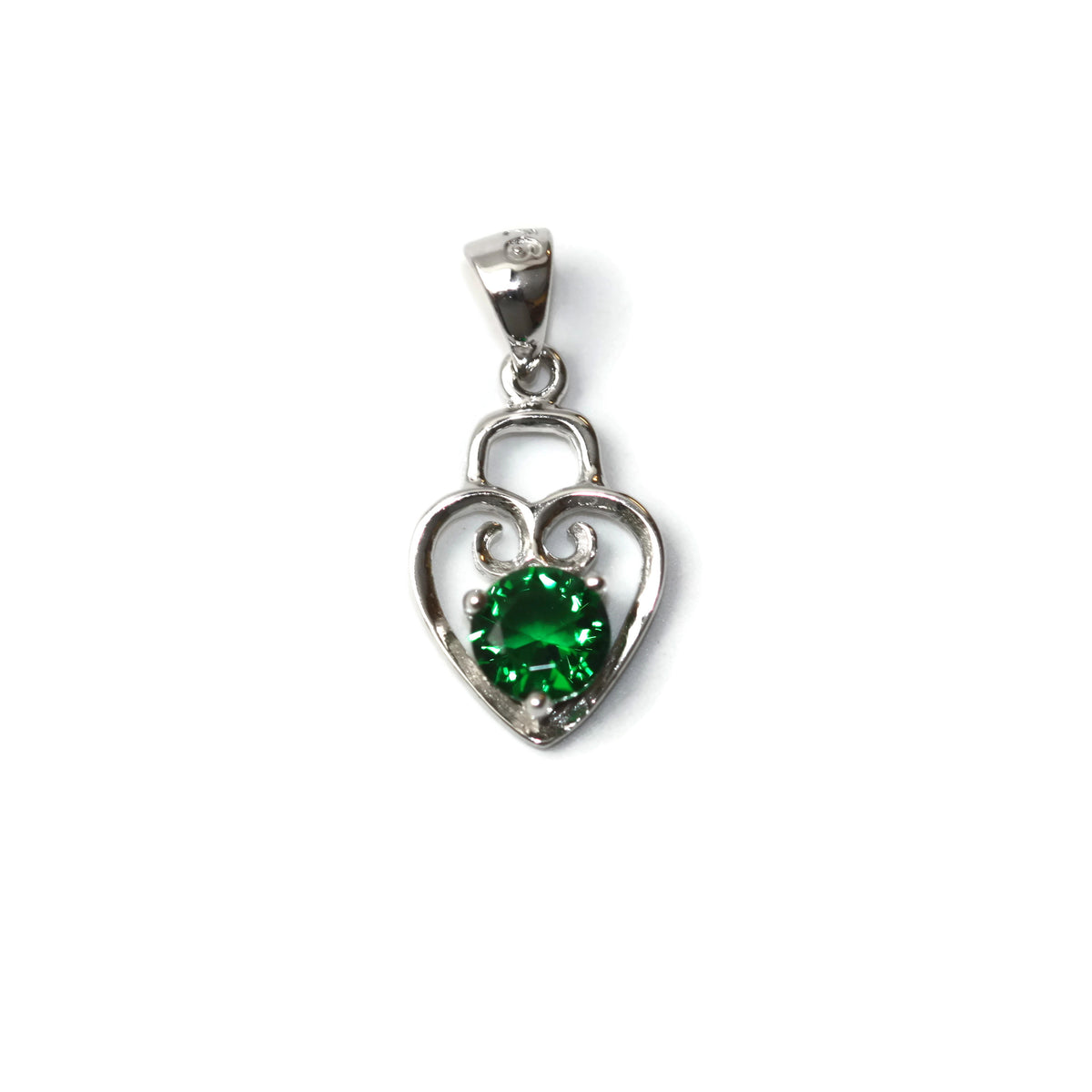 Rhodium Plated Sterling Silver Green Cubic Zirconia Heart Pendant 15 mm