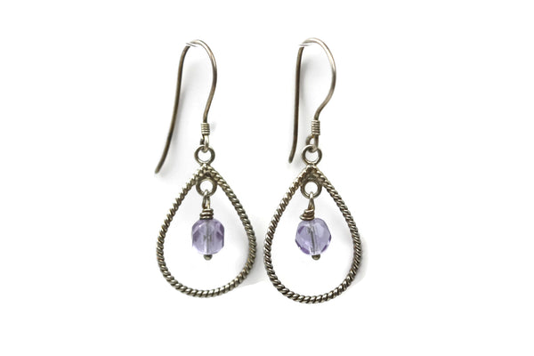 Sterling Silver Lavender Purple Glass Braided Teardrop Dangle Earrings