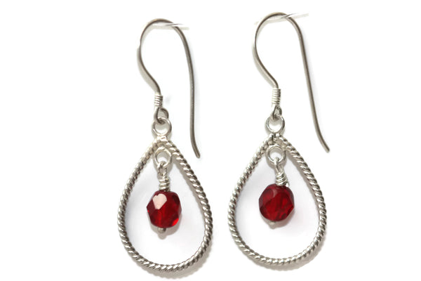 Sterling Silver Red Czech Glass Braided Teardrop Dangle Earrings