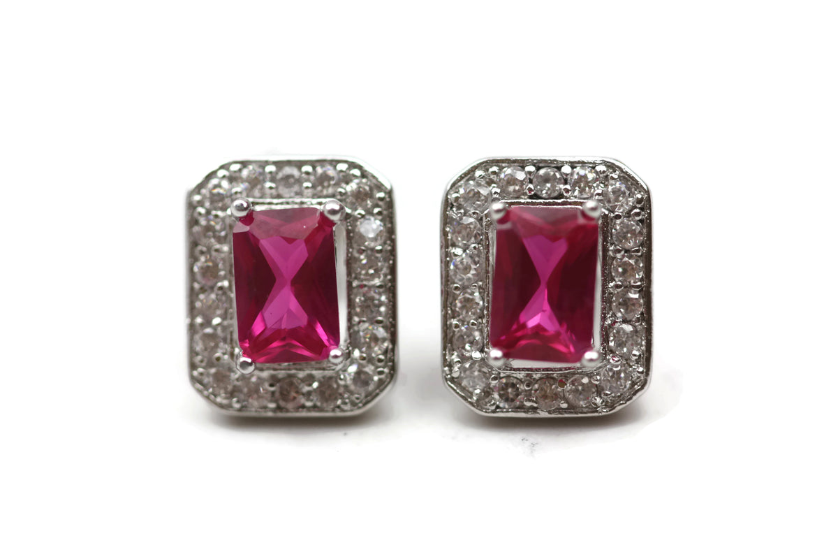 Rhodium Plated Sterling Silver Pink Cubic Zirconia Earrings