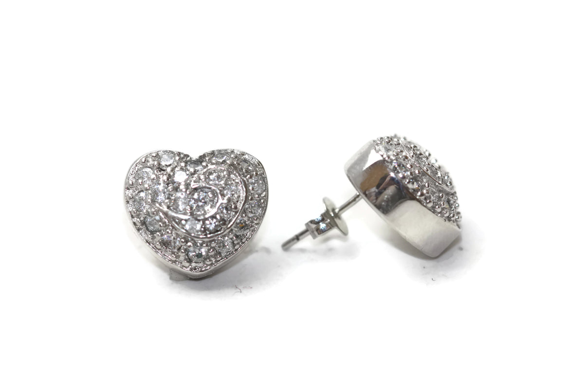 Rhodium Plated Sterling Silver Cubic Zirconia Heart Stud Earrings