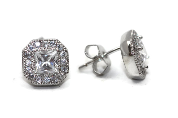 Rhodium Plated Sterling Silver Cubic Zirconia Square Stud Earrings