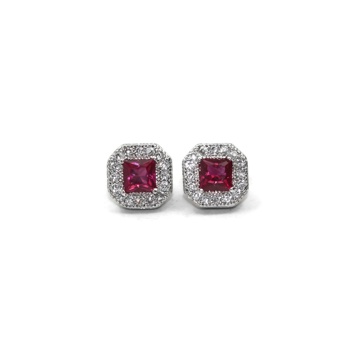 Rhodium Plated Sterling Silver Red Cubic Zirconia Square Stud Earrings