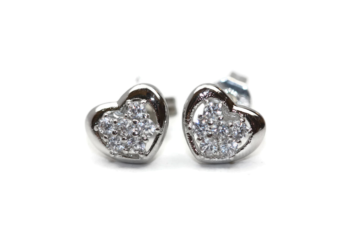 Rhodium Plated Sterling Silver Cubic Zirconia Heart Stud Earrings