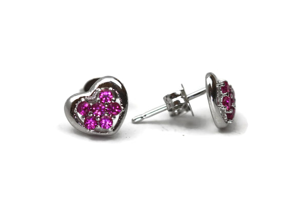 Rhodium Plated Sterling Silver Pink Cubic Zirconia Heart Stud Earrings